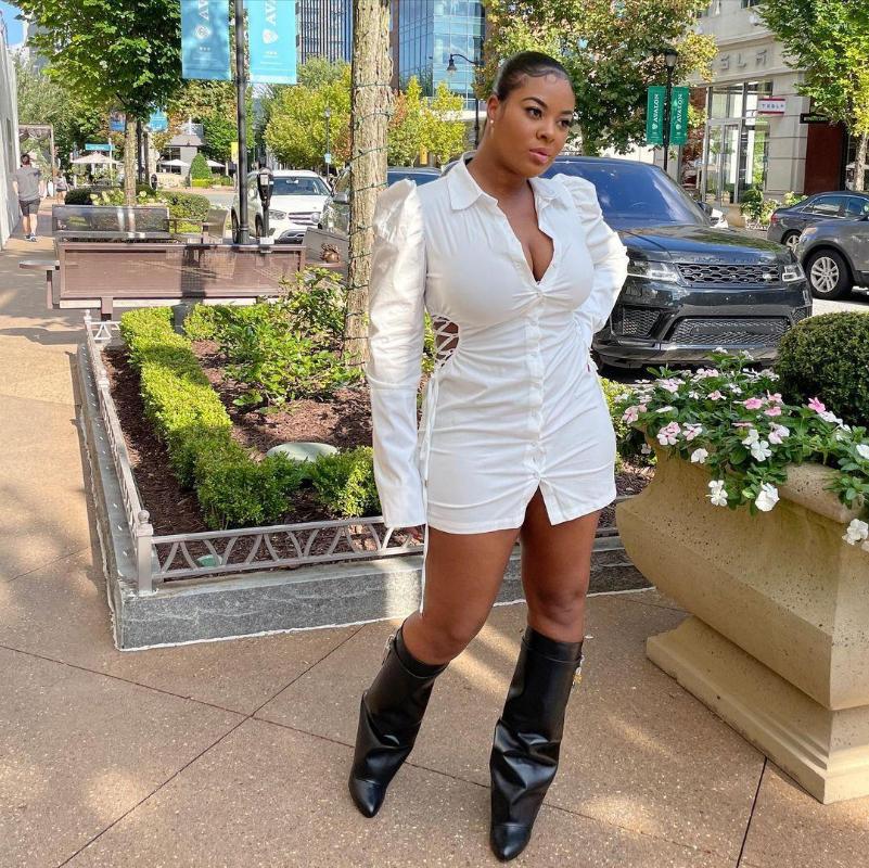 

Casual Dresses RMSFE 2022 Women Temperament Commuter Solid Color Bubble Sleeve Hollow Lace Up Lapel Long Shirt Dress, White