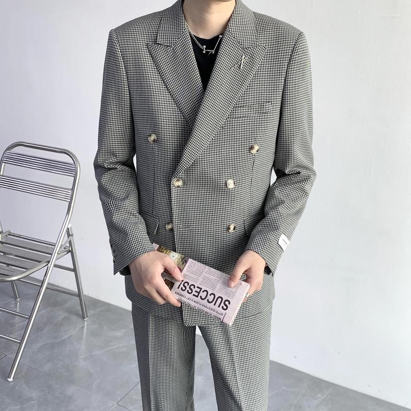 

Men's Suits Men's & Blazers Autumn Houndstooth 2 Pcs Set Wedding For Men Double Breasted Business Casual Costume Homme Groom Tuxedos, Gray