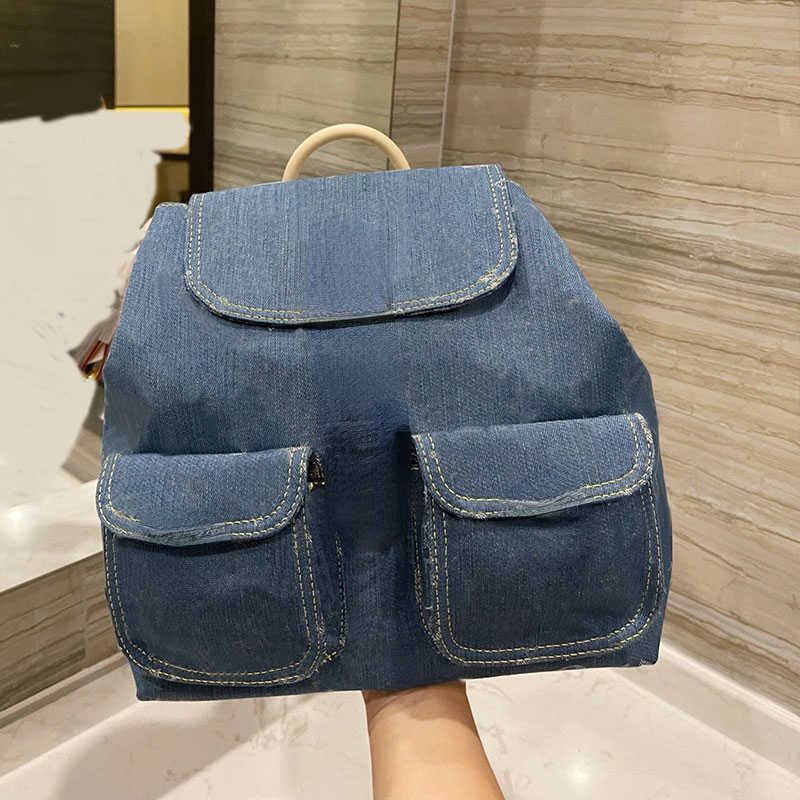 

Backpack Style Denim Women Shoulder Travelling Bag Handbag Canvas Embroidery Letter Hasp Gold Hardware Buckle Patchwork Color trendy, Blue