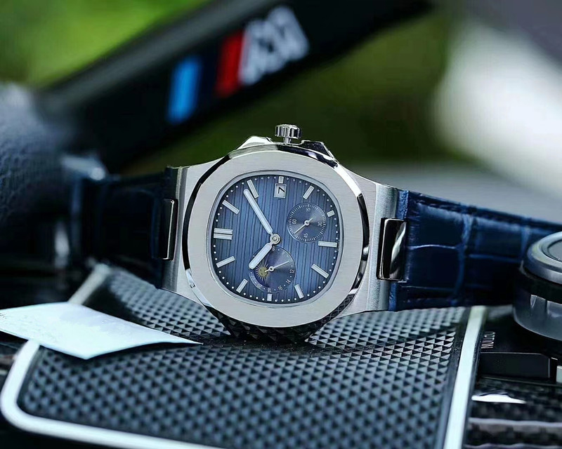 

Men's mechanical watch 316L fine steel case 43mm original import super movement automatic spring moon phase function strap leather high-quality Designer watches, Silver