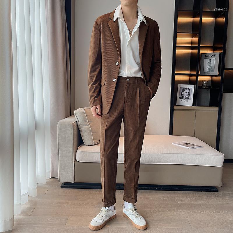 

Men's Suits Men's & Blazers Men Corduroy Streetwear Vintage Fashion Loose Casual Sets Blazer Pant Man Korean Office Suit Coat Dress, Black