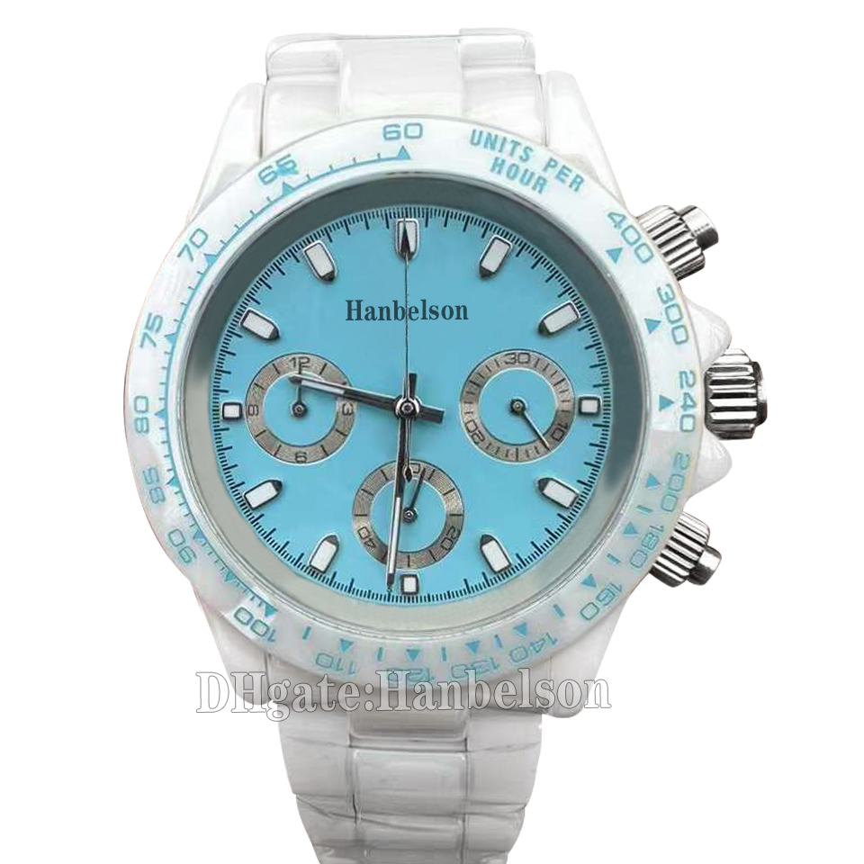 

All Ceramic Men Watch White VK Chronograph Quartz Movement Ceramics Case Strap Ice blue dial Mens Wristwatches 40MM, White (yellow dial)