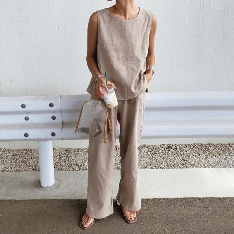 

Women's Two Piece Pants Women's Women Clothes Set 2022 Suit Plain Trousers Casual Slit Ladies Fashion Round Neck Straight Pullover, Khaki