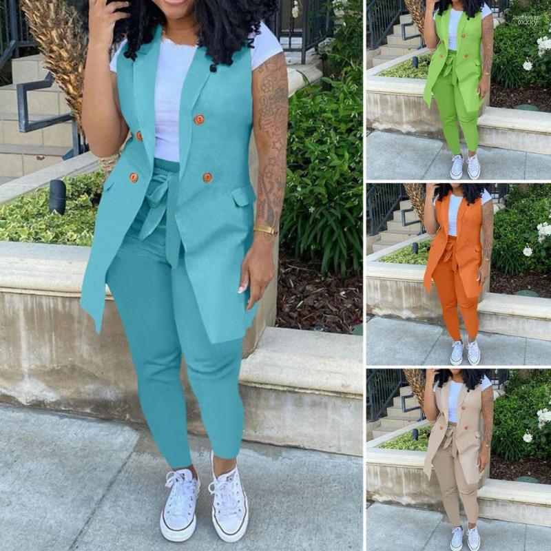 

Women's Two Piece Pants Women's 2Pcs Women Waistcoat Set Solid Color Sleeveless Cardigan High Waist Double-breasted Office Lady Blazer, Black