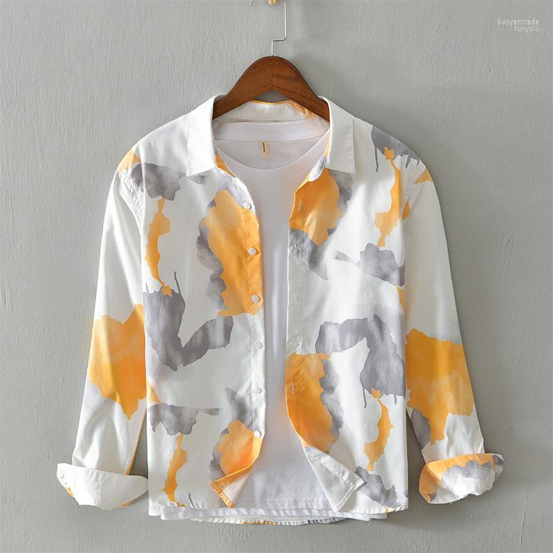 

Men's Casual Shirts Men's Spring Fall Fashion Japan Harajuku Style Unique Ink Print Long Sleeve Lapel Tops Men Slim Fit Wild Streetwear, Blue