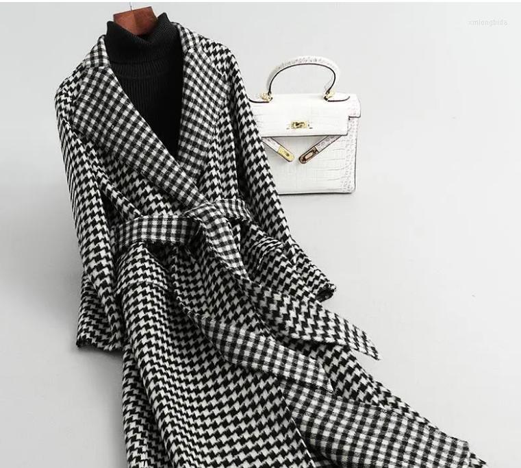 Women's Wool Women Long Plaid Woolen Coat 2022 Arrivals Houndstooth Waistband Coats