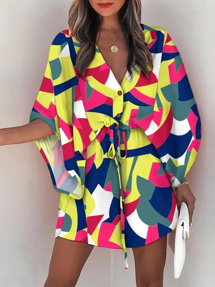 

Casual Dresses Spring Geometry Print Women Shirts Dress Sexy Deep V Neck Button Office Party Summer Batwing Sleeve Waist Drawstring DressCas, 03 yellow green