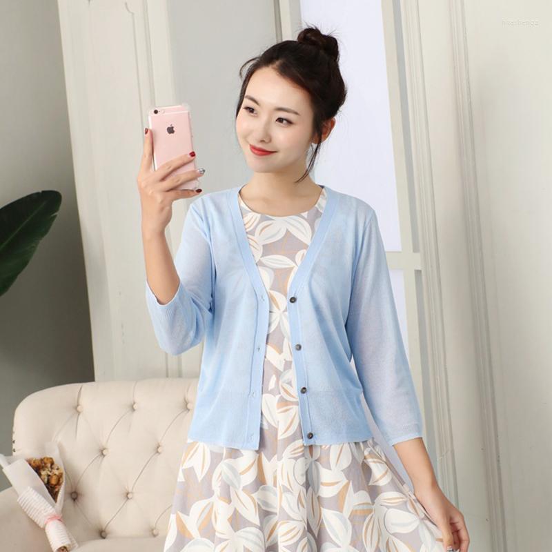 

Women's Knits Women's & Tees Plus Size M-3XL Knitted Cardigan Sweater Women Summer Thin Air Conditioner Sunscreen V-Neck Candy Color, Blue