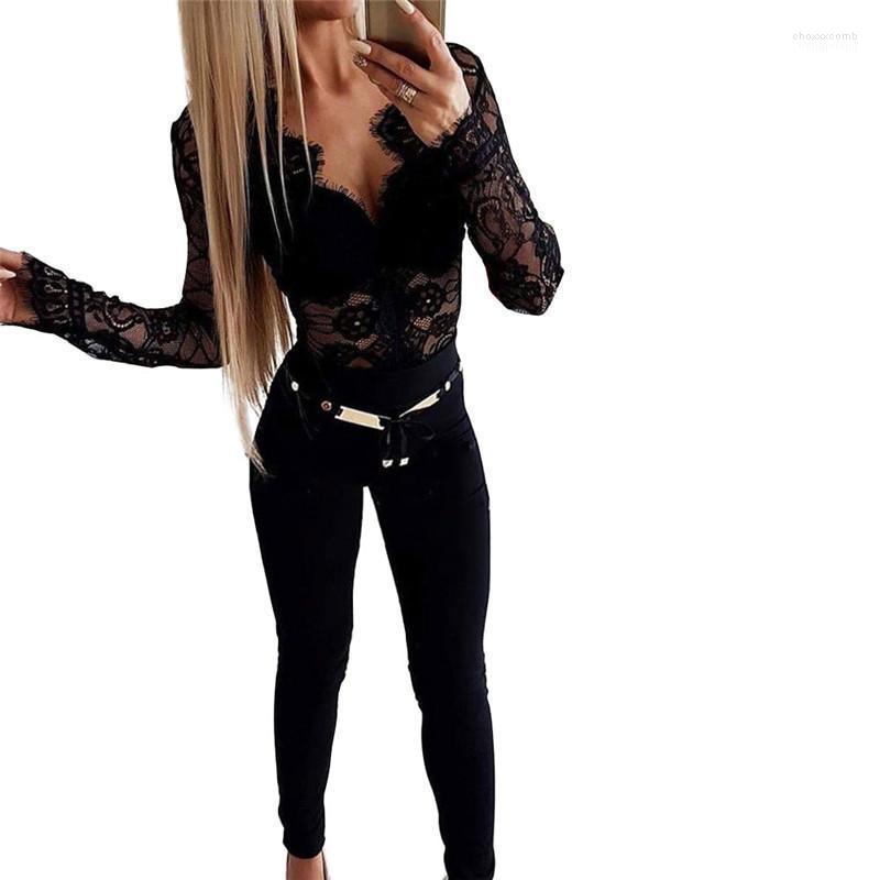 

Women' Jumpsuits Women' & Rompers Women Sexy Bodysuit Leotard Mesh Blouse Long Sleeve Slim Fit Sheer Lace Deep V-neck Hollow Romper, Black