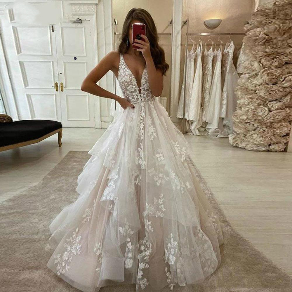 

Sleeveless Tulle V-neck Sweep Train Floor-length Zipper A-line Sleeveless Backless Boho Lace Wedding Dress 2021 Plus Size Bride, White