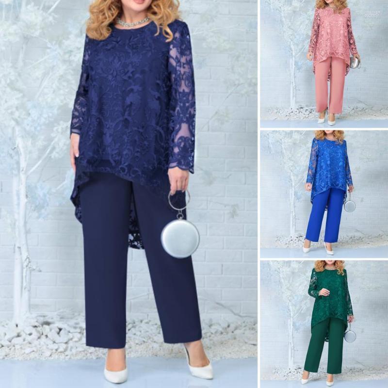 

Women's Two Piece Pants Women's 1 Set Round Neck Lady T-shirt Lace Patchwork Summer Blouse Trouser Hollow Out Irregular Women Outfit, Blue