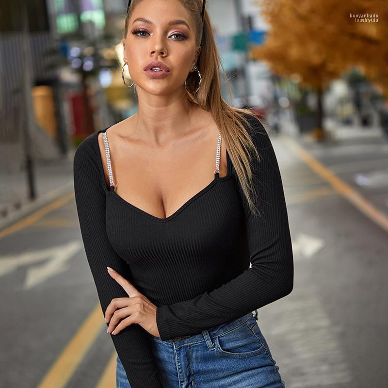 

Women' T Shirts Women' T-Shirt Women Fashion T-shirts Long Sleeve Solid Color With Diamonds Strap Sexy Crop Tops Low Neck Casual Slim, Picture shown