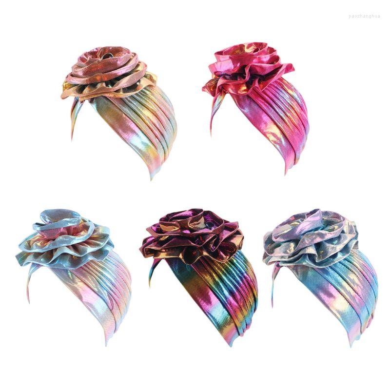 

Beanies Women Hologram Metallic Rainbow Turban Hat Flower African Head Wrap Beanie Pre-Tied Elastic Bonnet Hair Loss Chemo Cap, Pl