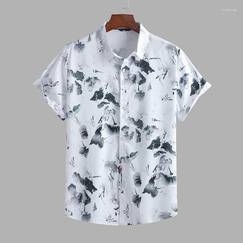

Men's Casual Shirts Men's 2022 Chinese Print Short Sleeved Men Lapel Shirt Top Cool Thin Handsome Chemise Homme, White