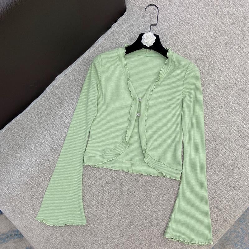 

Women' Knits Women' & Tees 2022 Rhinestone Button Sweet Lace V-neck Green Long Sleeve Polka Dot Sweater 0309