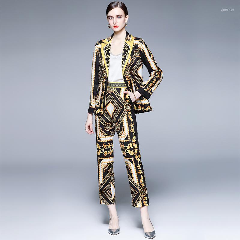 

Women's Two Piece Pants Women's Fashion Runway Autumn Women Vintage Print Single Button Jacket Top And Elastic High Waist Full Length 2, Mixed color