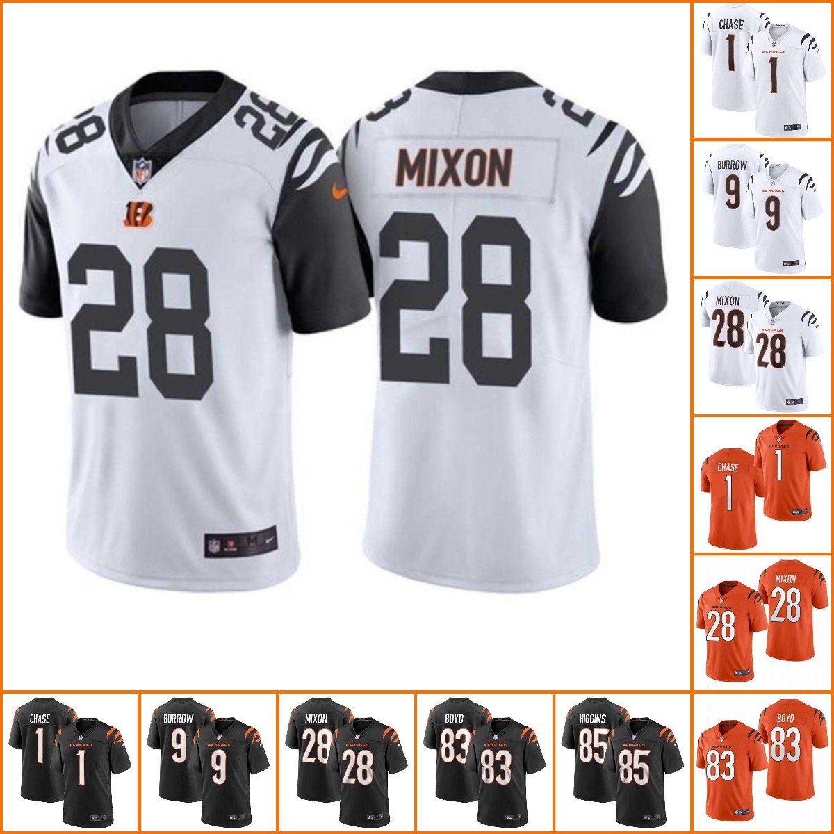 

Football Jerseys Men Women Youth Cincinnati''Bengals''9 Joe Burrow 1 Ja'Marr Chase 28 Joe Mixon 83 Tyler Boyd 85 Tee Higgins orange Jersey Wholesale Custom, Color3