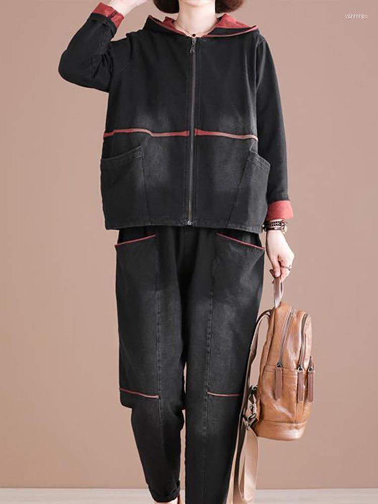 

Women's Two Piece Pants Women's Fashion Autumn Women Denim Hooded 2 Pieces Sets Ladies Vintage Loose Jackets Elastic Harem Suits Punk, Black