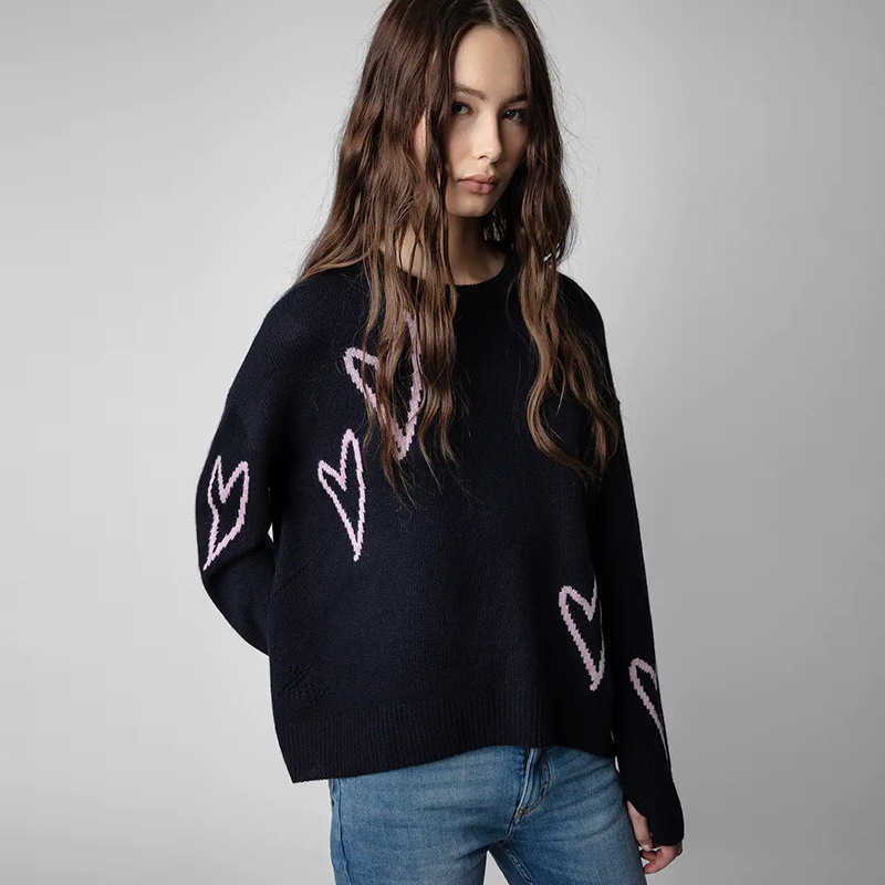 Zadig Voltaire Women Designer Cashmere Sweater Love Hand Hair Hanging 100 Cashmere Knitwear Loose Sweater