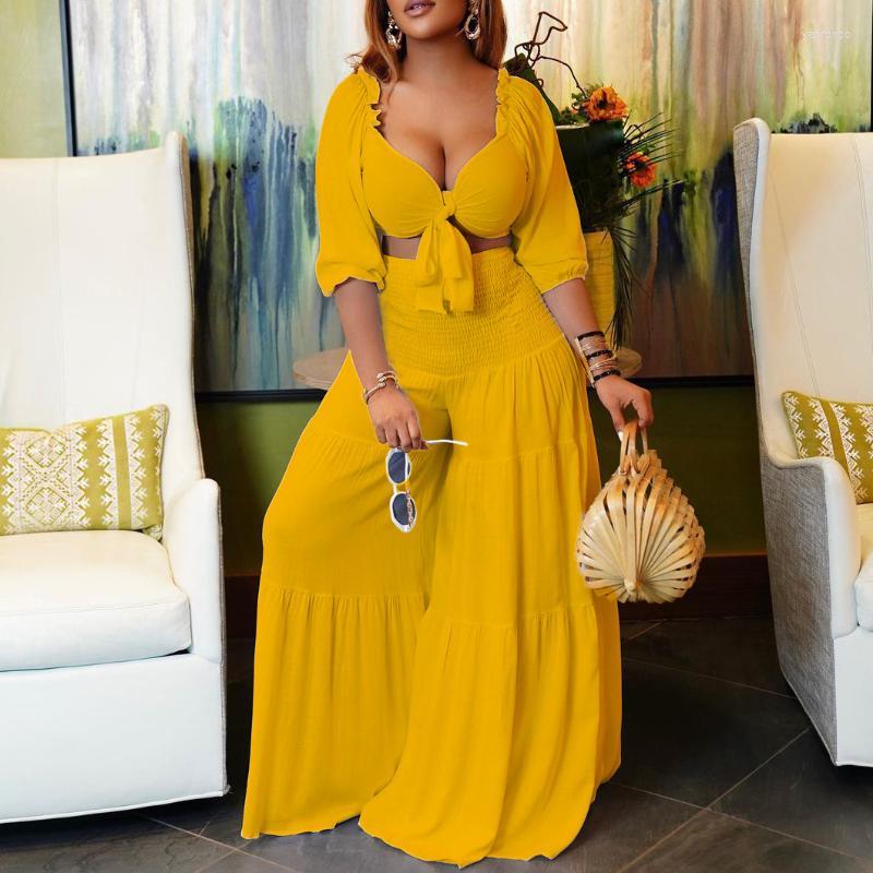 

Women' Two Piece Pants Women' Echoine Summer Lace Up Crop Top Ruffle Wide Leg Set Elegant Sexy Matching Holidays Beach Big Size, Yellow