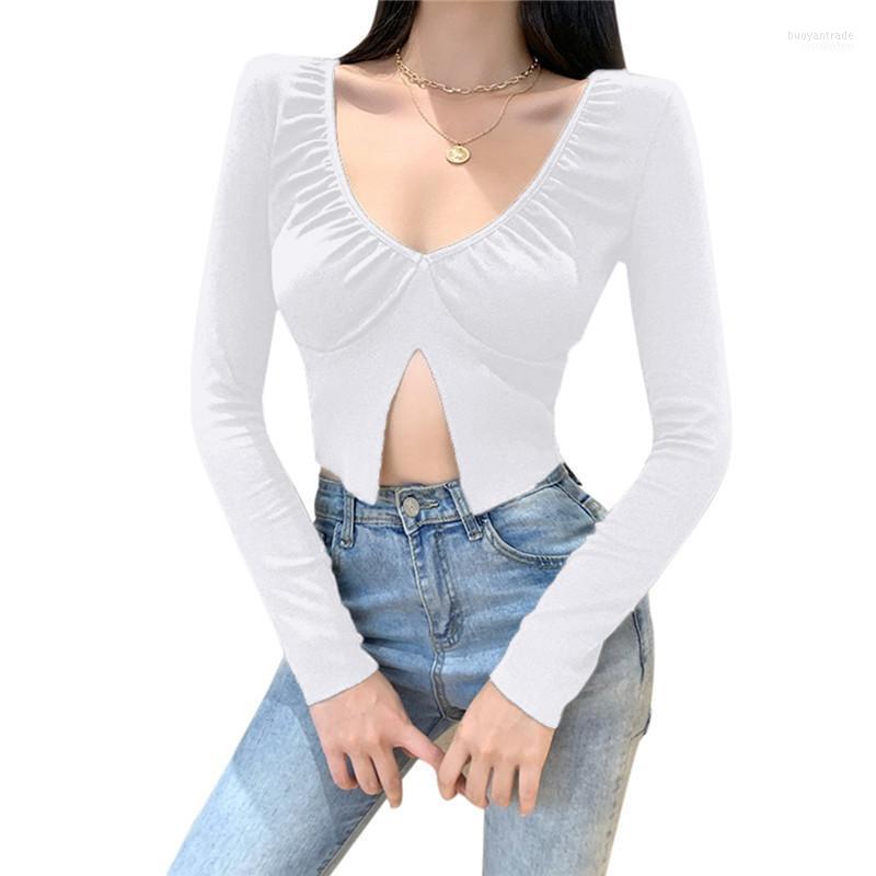 

Women' T Shirts Women' T-Shirt Women Sexy V-neck Split Crop Top Fashion Long Sleeve Solid Color Casual Slim Work Out For Women1, White