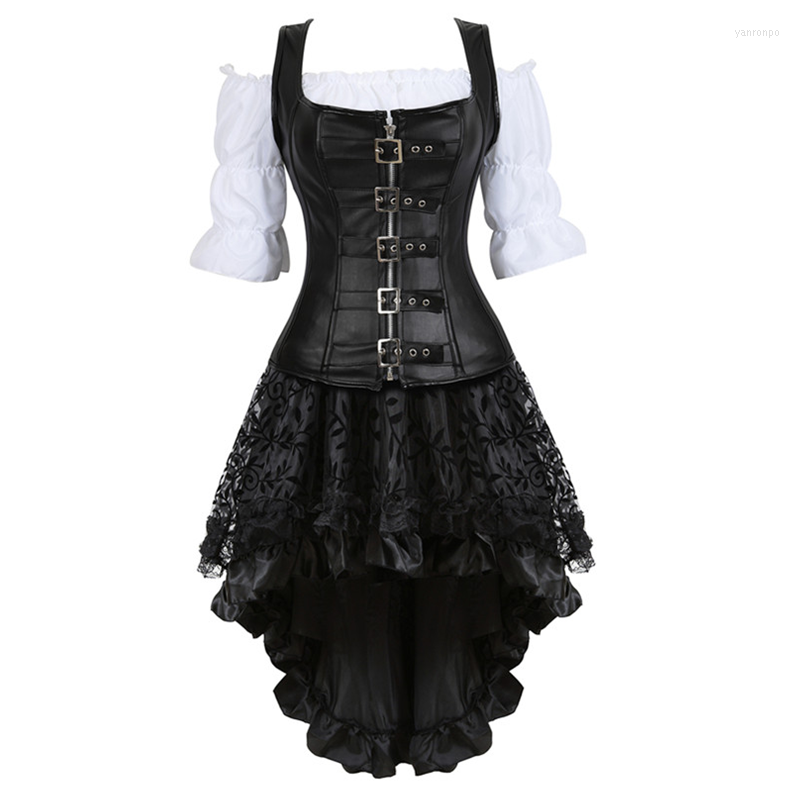 

Bustiers & Corsets Faux Leather Dresses 3 Piece Outfits For Women Steampunk Bustier Femme Sexy Skirt White Blouse Gothic Carnival CostumesBu, 6505-blouse-white