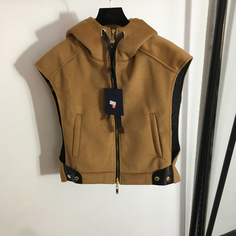 

Coffee Sleeveless Jackets Women Zipper Cardigan Coat Fashion Hooded Ladies Wool Coats Designer Outerwear