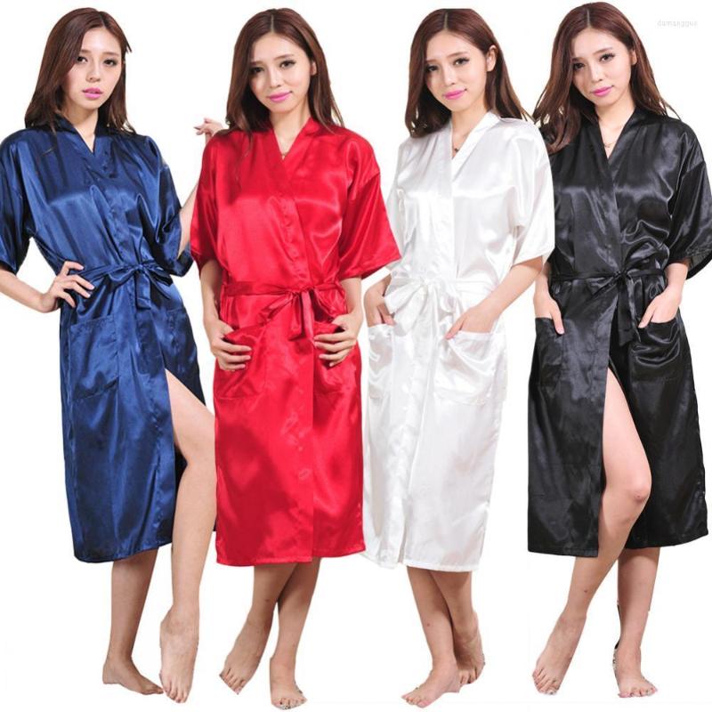 

Women's Sleepwear 60%Women Sexy Solid Color Silk Midi Dress Bath Robe Waist Belt Pockets, Pink