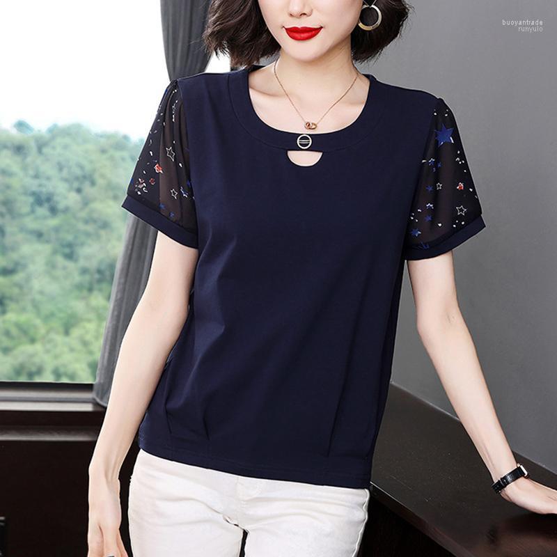 

Women's T Shirts Women's T-Shirt Shintimes Chiffon Short Sleeve Splice Cotton Shirt Women Summer Tops 2022 Loose Woman Korean Clothes, Blue