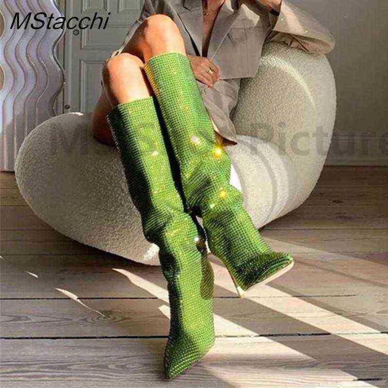 Women Boots High Heels Shoes Crystal Rhinestone Pointed Toe Demonia Stiletto Women's Knee Sexy Slip-On Botas De Mujer 220729