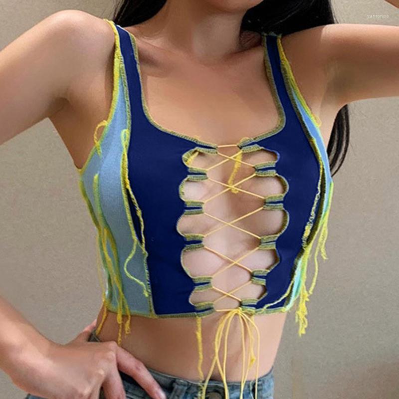 

Bustiers & Corsets Sexy Lace Up Women Tank Tops Summer Sleeveless Hollow Out Fashion Party Club Crop Top 2022 Patchwork Tanks Ropa MujerBust, Blue