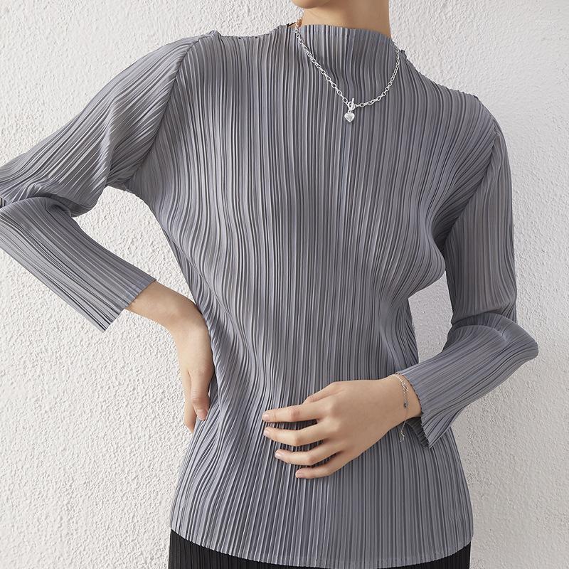 

Women's T Shirts Women's T-Shirt Miyake Pullover Ladies Top Spring Summer Long Sleeve Bottoming Half Turtleneck Pleated Wind Commuter, Picture color