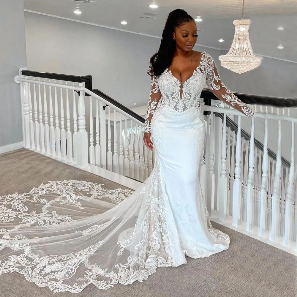 

Stylish Mermaid Lace Wedding Dresses Backless Bridal Gowns Long Sleeves Deep V Neckline Appliqued Sweep Train Vestido De Novia, Same as image
