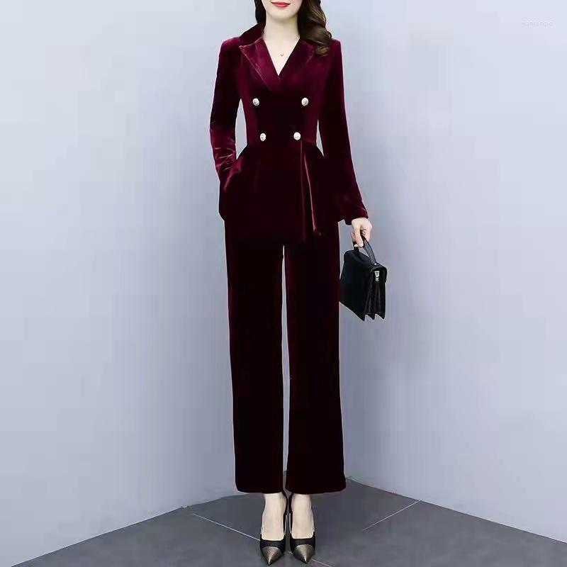 

Women's Two Piece Pants Women's Spring And Autumn Women's Professional Suit Gold Velvet V-neck Solid Color Fashion Casual Two-piece, Black