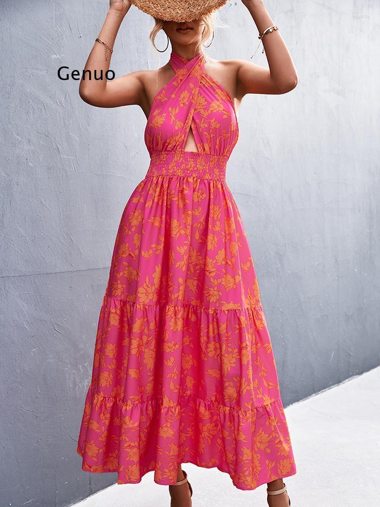 

Casual Dresses Summer Women Sexy Cross Halter Backless Long Dress Female Print Maxi Sleeveless Fashion High Waist 2022, Pink