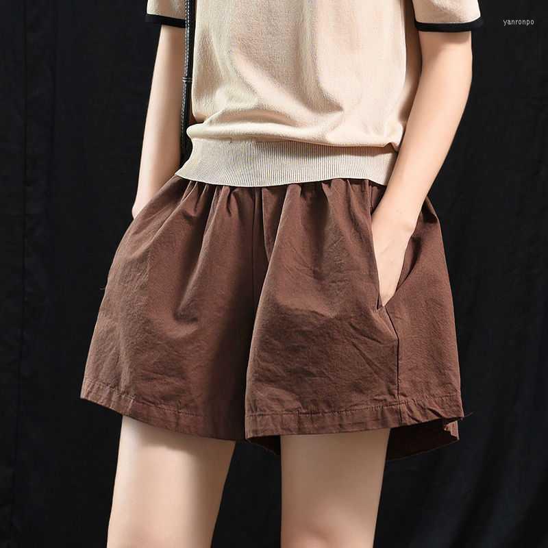 

Women's Shorts Women's Large Size Women's Clothing Retro Literary Summer Cotton Casual Pants Elastic Waist Loose Thin Wide Leg, Coffee