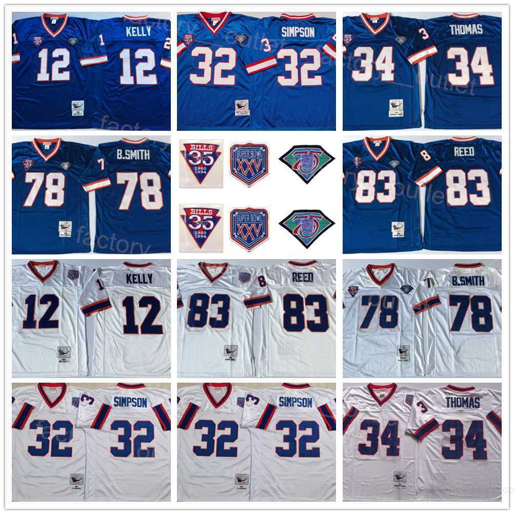 

Mitchell and Ness Throwback Football 1960 1994 XXV 12 Jim Kelly Jersey 75th 35th Anniversary 34 Thurman Thomas 78 Bruce Smith 83 Ander Reed 32 OJ Simpson Vintage ncaa, White