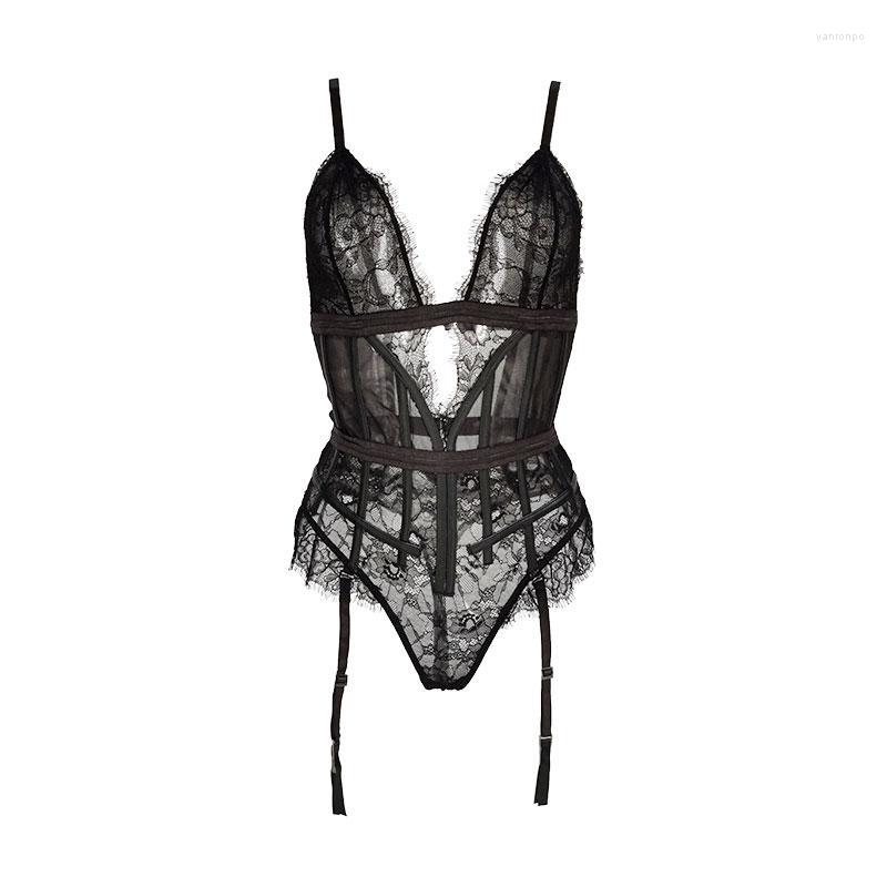 

Bustiers & Corsets Black Lace Floral Eyelashes Women Sexy Backless Bustier With Garter Belt For Stockings Removable Straps Metal Clips Corse