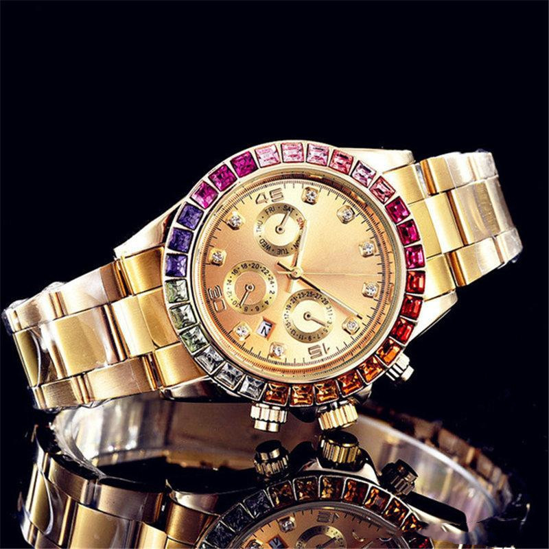 

Mens Designer Gold Watch Luxury Fashion Rainbow Bezel Automatic Quartz Movement Watches hree Eyes Six Needle Design Multi-Function Classic White Wristwatch cs, A1