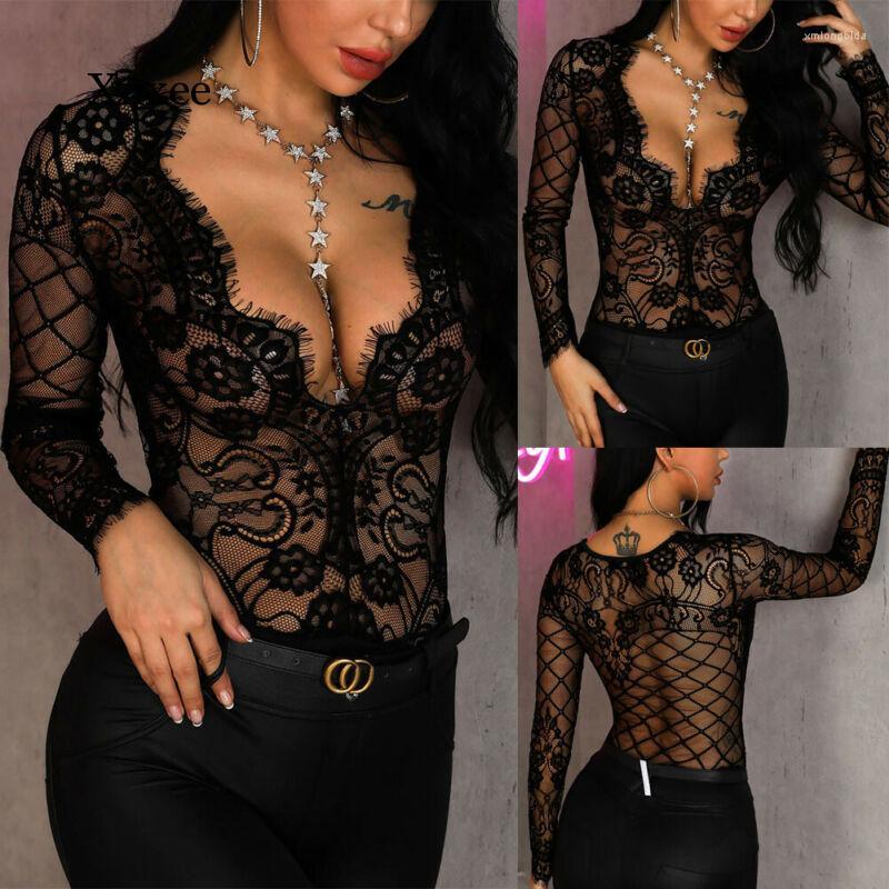 

Women' T Shirts Mesh Top Women Sexy See Through Lace Shirt Tops Black Hollow Out Sheer V Neck Transparent Slim Undershirt Tee