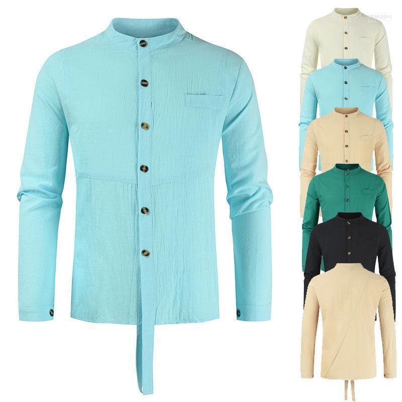 

Men's Casual Shirts Men's 2022 Stand Collar Imitation Cotton And Linen Trend Long Sleeve Shirt, Black