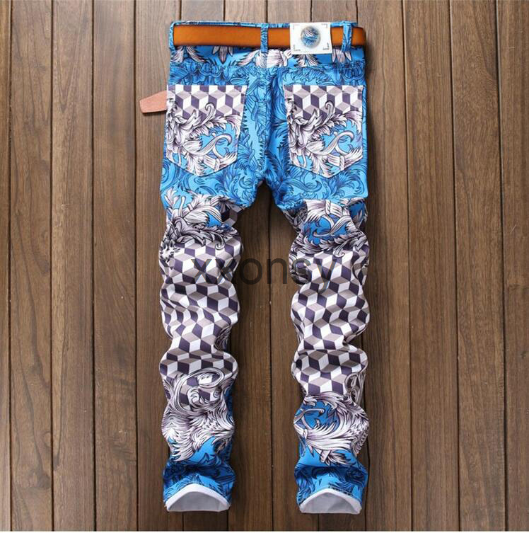 

Mens 3D Digital Printed Stretch jeans Fashion Designer Slim Fit Spring Summer Denim pants Hip Hop Skinny Trousers For Male 586 IBP8, Blue