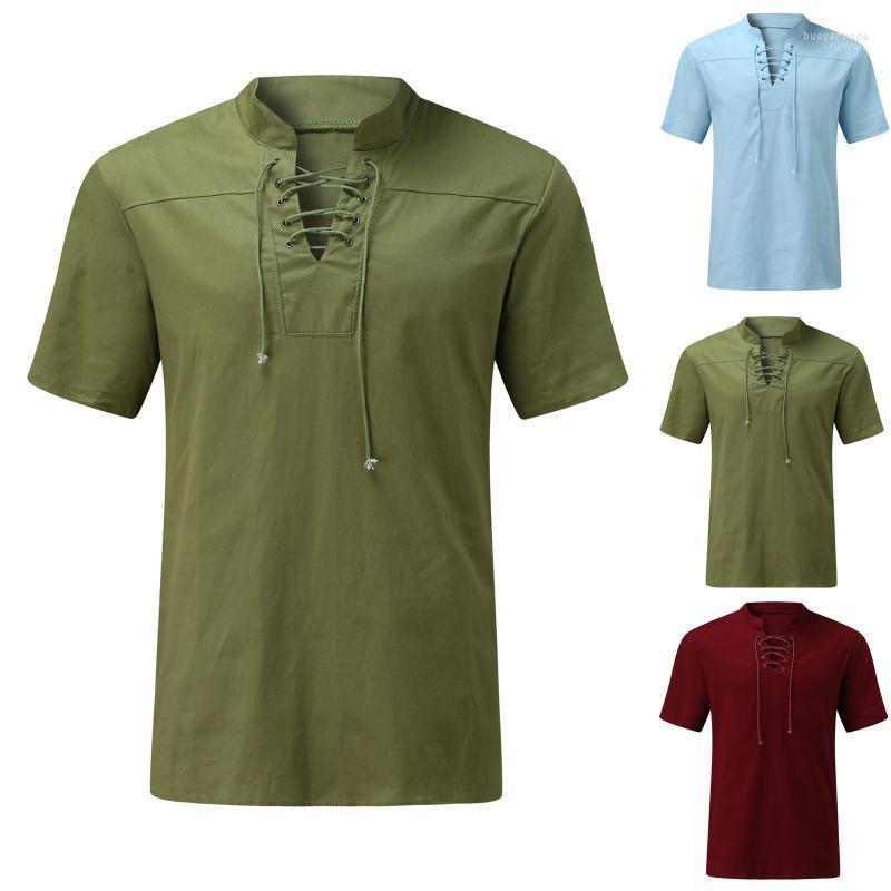 

Men's T Shirts Men's T-Shirts 53# Shirt Camisa Masculina V-neck Vintage Lace-up Tie Short Sleeve Solid T-shirt Men Plus Size For, Green