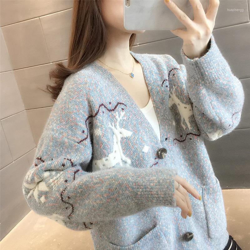 

Women' Knits Women' & Tees Cartoon Printed Chenille All-Match Thickened Outer Sweater Spring 2022 Knitted Cardigan Jacket V-Neck Coat, Light blue