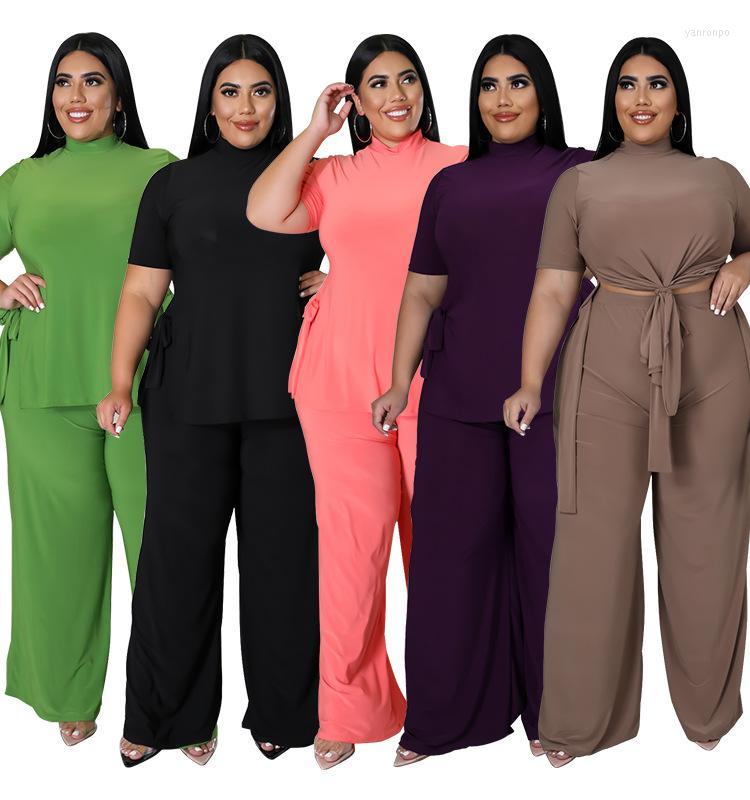 

Women's Two Piece Pants Women's Summer Women Short Sleeved Trousers Set Fashion Casual Bandage Wide-leg Suit 5 Colors, Black