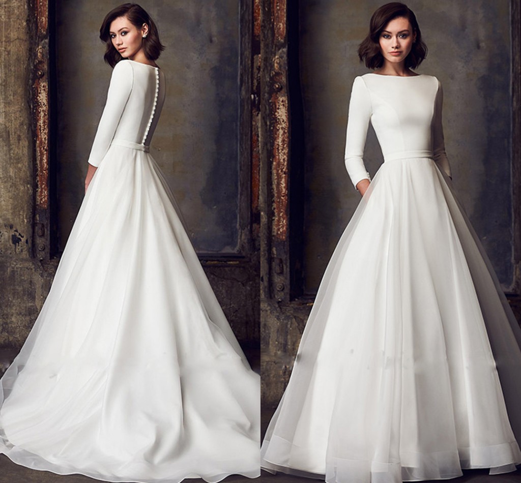 

Elegant Satin Wedding Dress For Women 2023 White Three Quater Sleeves A-Line Pockets Vintage Bride Gowns Simple Robe De Mariee