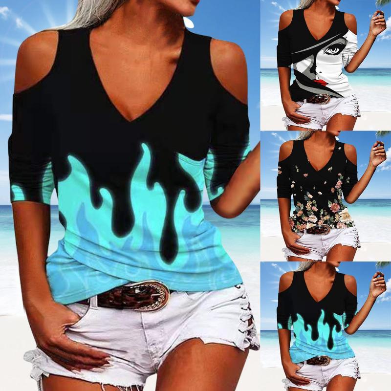 

Women's T Shirts Women's T-Shirt Loose Fit Women Cross Off Shoulder Tight Print V Neck Long Sleeve Girls Dry SleeveWomen's, Blue