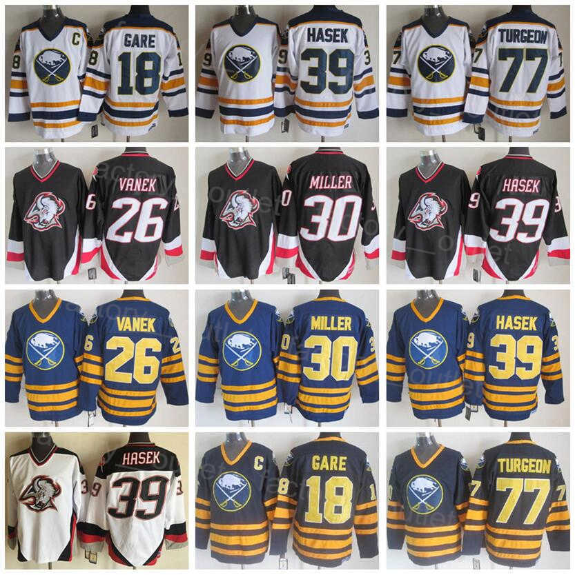 

Retro Buffalo Throwback Sabres Hockey 39 Dominic Hasek Jersey 77 Pierre Turgeon 26 Thoma Vanek 18 Danny Gare 30 Ryan Miller Vintage Classic CCM Stitched Sewn On, Black