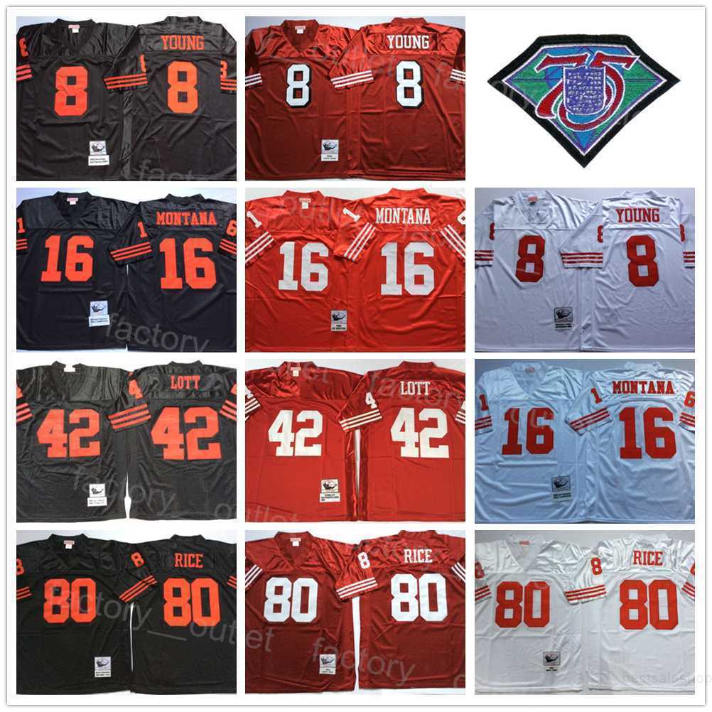 

75th Anniversary Mitchell and Ness Throwback Football 8 Steve Young Jersey 16 Joe Montana 42 Ronnie Lott 80 Jerry Rice 1989 1994 Vintage Stitched Red White Black ncaa