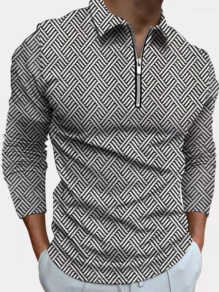 

Men' Polos 2022 Men' Long-sleeved Plaid Retro Patchwork Lapel Zipper Polo Shirt Fall Casual Fashion -3XL